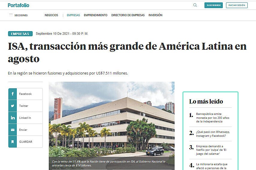 ISA, transaccin ms grande de Amrica Latina en agosto